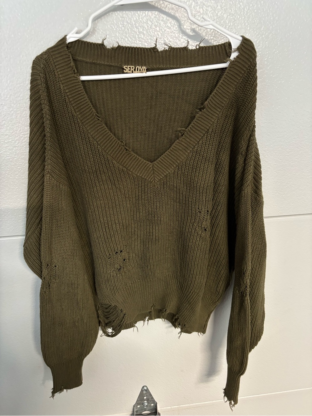 SER.O.YA Olive Green Distressed V-Neck Sweater